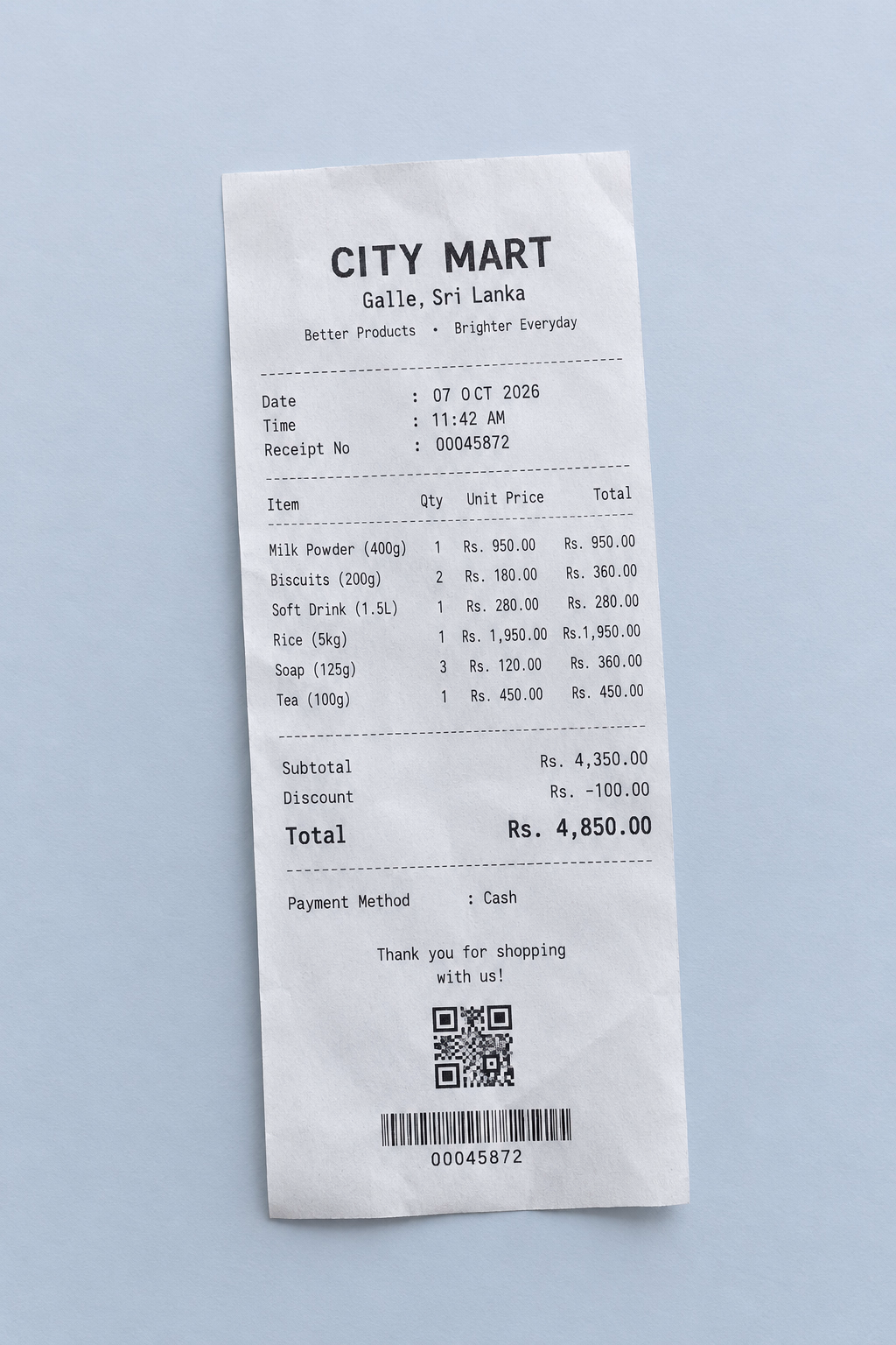 A retail invoice listing purchased goods, quantities, and prices